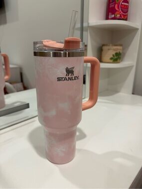 Stanley Pink Marble Travel Tumbler with Handle and Straw